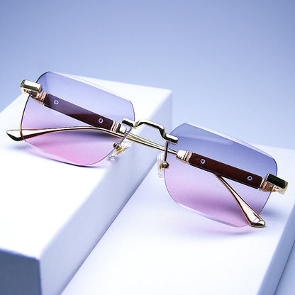 Frameless Edge-cut Sunglasses Fashion Trend Wood Grain Legs Gradient Color