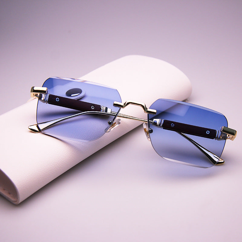 Frameless Edge-cut Sunglasses Fashion Trend Wood Grain Legs Gradient Color
