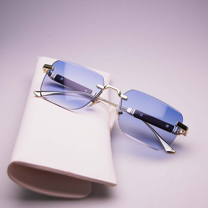 Frameless Edge-cut Sunglasses Fashion Trend Wood Grain Legs Gradient Color